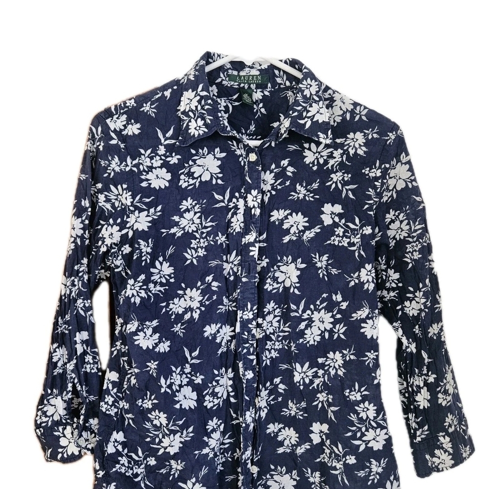 Ralph Lauren Dark Blue Shirt with White Floral Design 100% Cotton